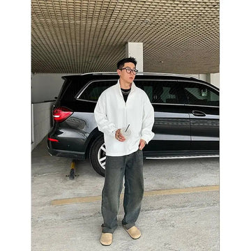 AIDASE  -  Ribbed Textured Fabric Semi-Zip Hoodie with Loose Shoulders aidase-shop